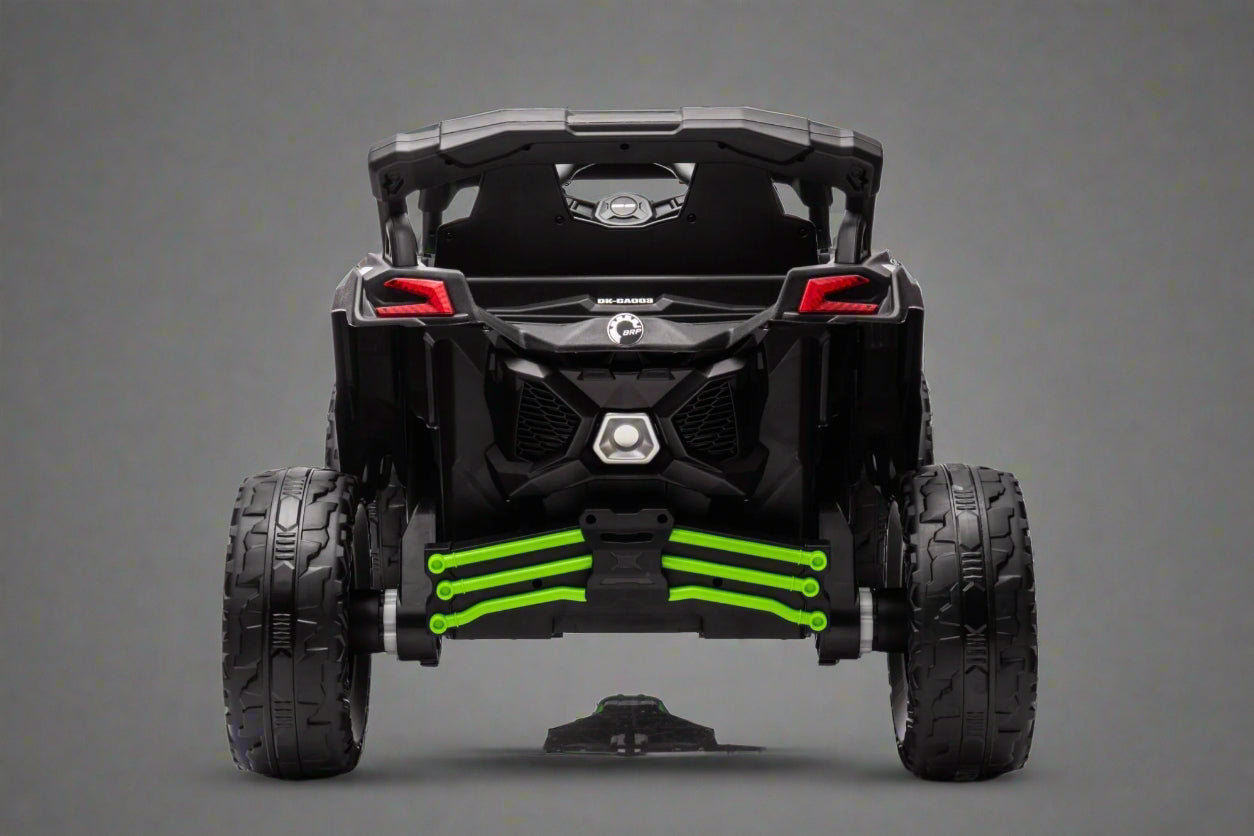 Neon Green 24V Can-Am UTV ride-on car for kids

Side view of Can-Am Maverick electric kids vehicle

Rear suspension view of 2-seater ride-on UTV

LED headlight detail on Can-Am ride-on

Kids ride-on off-road UTV in Neon Pink