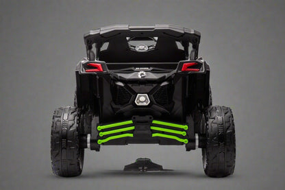 Neon Green 24V Can-Am UTV ride-on car for kids

Side view of Can-Am Maverick electric kids vehicle

Rear suspension view of 2-seater ride-on UTV

LED headlight detail on Can-Am ride-on

Kids ride-on off-road UTV in Neon Pink