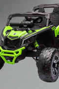 Neon Green 24V Can-Am UTV ride-on car for kids

Side view of Can-Am Maverick electric kids vehicle

Rear suspension view of 2-seater ride-on UTV

LED headlight detail on Can-Am ride-on

Kids ride-on off-road UTV in Neon Pink