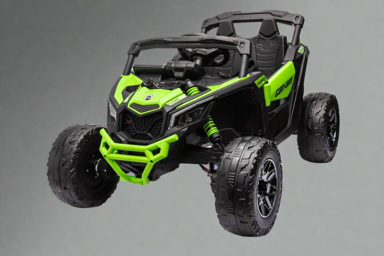 Neon Green 24V Can-Am UTV ride-on car for kids

Side view of Can-Am Maverick electric kids vehicle

Rear suspension view of 2-seater ride-on UTV

LED headlight detail on Can-Am ride-on

Kids ride-on off-road UTV in Neon Pink
