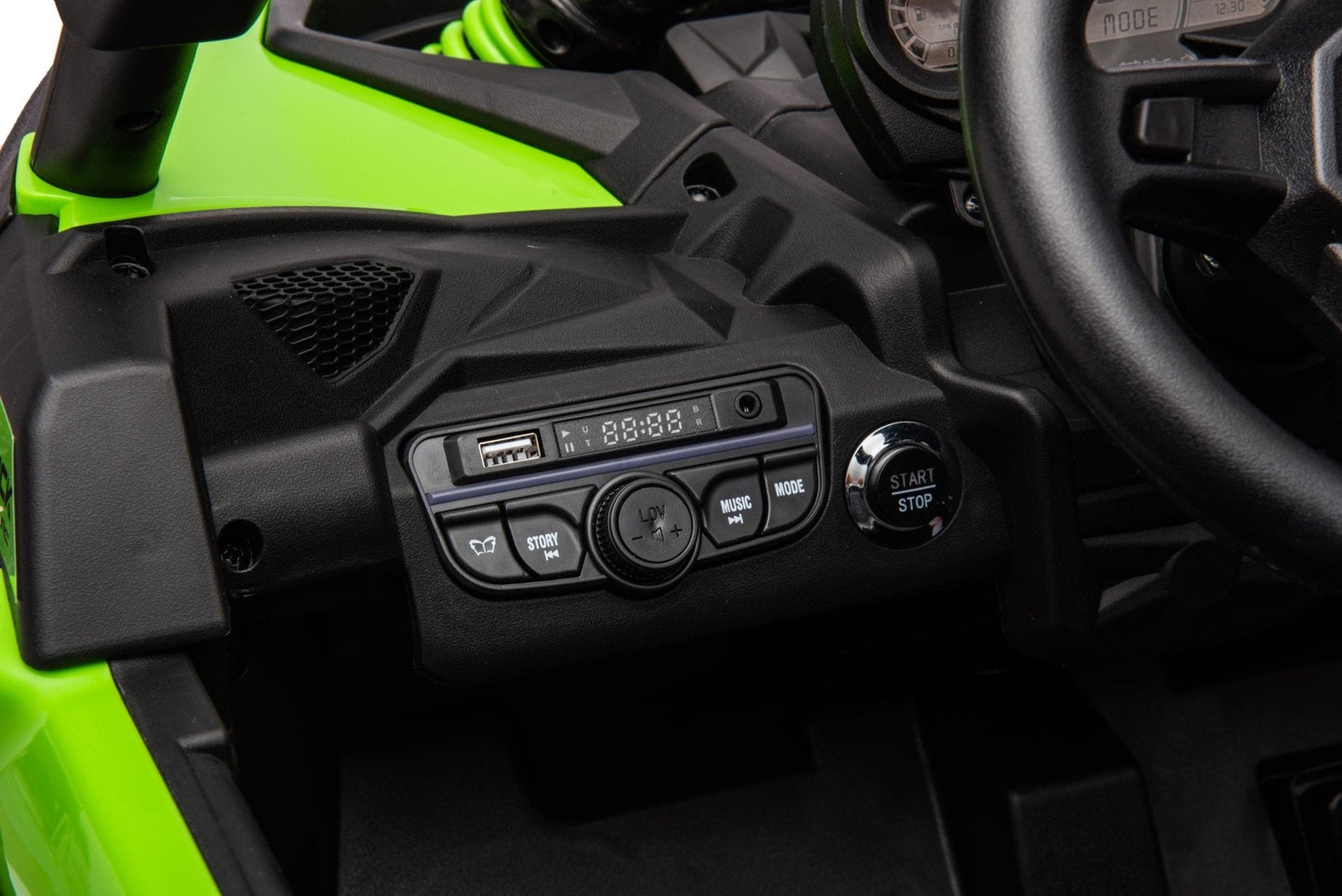 Neon Green 24V Can-Am UTV ride-on car for kids

Side view of Can-Am Maverick electric kids vehicle

Rear suspension view of 2-seater ride-on UTV

LED headlight detail on Can-Am ride-on

Kids ride-on off-road UTV in Neon Pink