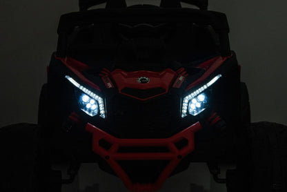 Neon Green 24V Can-Am UTV ride-on car for kids

Side view of Can-Am Maverick electric kids vehicle

Rear suspension view of 2-seater ride-on UTV

LED headlight detail on Can-Am ride-on

Kids ride-on off-road UTV in Neon Pink