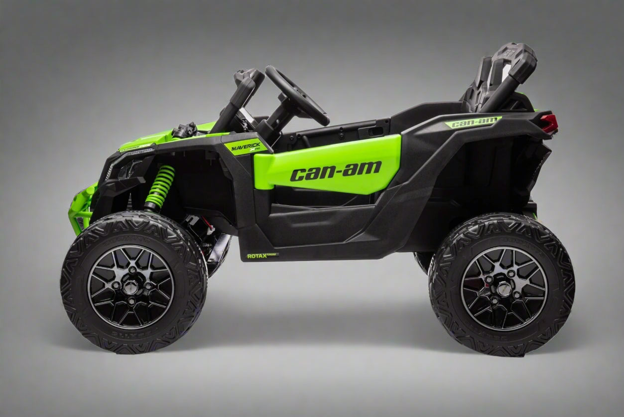 Neon Green 24V Can-Am UTV ride-on car for kids

Side view of Can-Am Maverick electric kids vehicle

Rear suspension view of 2-seater ride-on UTV

LED headlight detail on Can-Am ride-on

Kids ride-on off-road UTV in Neon Pink
