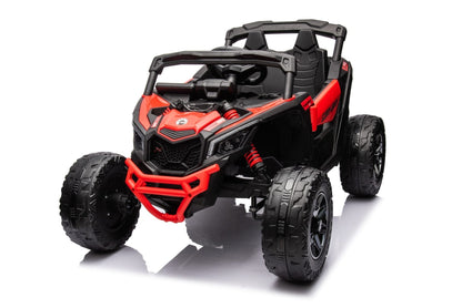 Neon Green 24V Can-Am UTV ride-on car for kids

Side view of Can-Am Maverick electric kids vehicle

Rear suspension view of 2-seater ride-on UTV

LED headlight detail on Can-Am ride-on

Kids ride-on off-road UTV in Neon Pink