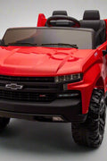 Red Chevrolet ride-on pickup truck for kids with open doors

Front view of Chevrolet kids ride-on with LED lights

Side view of red 24V Chevrolet electric truck toy

Remote-controlled kids electric pickup truck in red

Ride-on truck with Bluetooth and leather seating for children