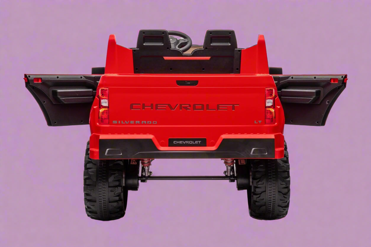 Red Chevrolet ride-on pickup truck for kids with open doors

Front view of Chevrolet kids ride-on with LED lights

Side view of red 24V Chevrolet electric truck toy

Remote-controlled kids electric pickup truck in red

Ride-on truck with Bluetooth and leather seating for children