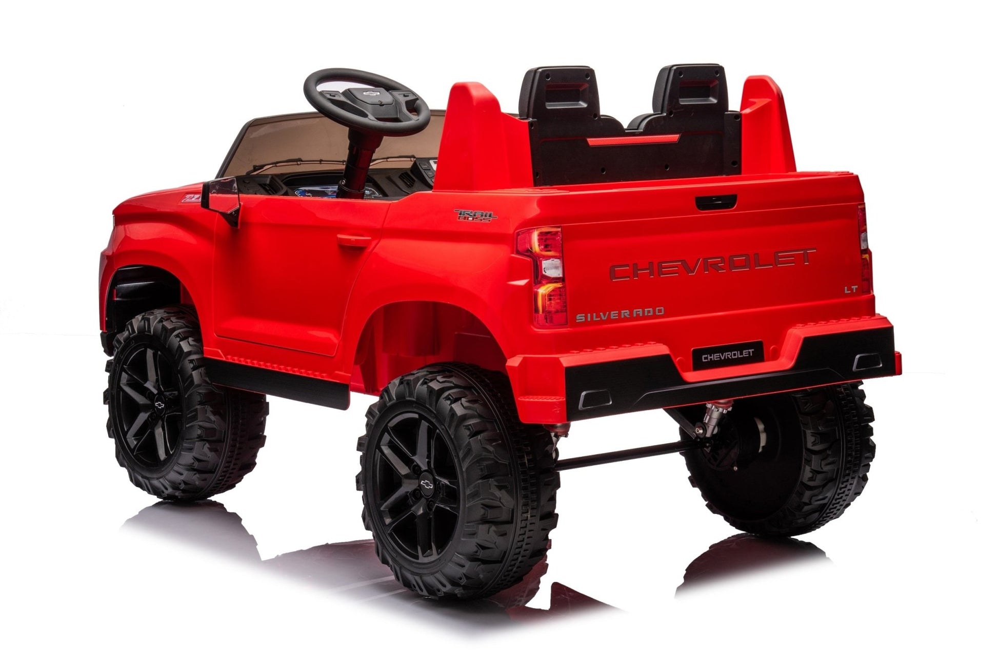 Red Chevrolet ride-on pickup truck for kids with open doors

Front view of Chevrolet kids ride-on with LED lights

Side view of red 24V Chevrolet electric truck toy

Remote-controlled kids electric pickup truck in red

Ride-on truck with Bluetooth and leather seating for children