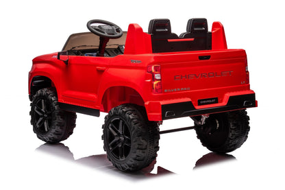 Red Chevrolet ride-on pickup truck for kids with open doors

Front view of Chevrolet kids ride-on with LED lights

Side view of red 24V Chevrolet electric truck toy

Remote-controlled kids electric pickup truck in red

Ride-on truck with Bluetooth and leather seating for children