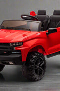 Red Chevrolet ride-on pickup truck for kids with open doors

Front view of Chevrolet kids ride-on with LED lights

Side view of red 24V Chevrolet electric truck toy

Remote-controlled kids electric pickup truck in red

Ride-on truck with Bluetooth and leather seating for children