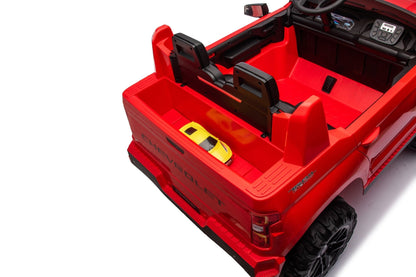 Red Chevrolet ride-on pickup truck for kids with open doors

Front view of Chevrolet kids ride-on with LED lights

Side view of red 24V Chevrolet electric truck toy

Remote-controlled kids electric pickup truck in red

Ride-on truck with Bluetooth and leather seating for children
