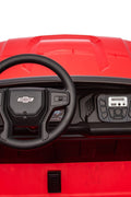 Red Chevrolet ride-on pickup truck for kids with open doors

Front view of Chevrolet kids ride-on with LED lights

Side view of red 24V Chevrolet electric truck toy

Remote-controlled kids electric pickup truck in red

Ride-on truck with Bluetooth and leather seating for children