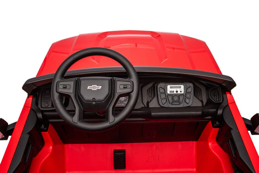 Red Chevrolet ride-on pickup truck for kids with open doors

Front view of Chevrolet kids ride-on with LED lights

Side view of red 24V Chevrolet electric truck toy

Remote-controlled kids electric pickup truck in red

Ride-on truck with Bluetooth and leather seating for children