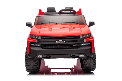 Red Chevrolet ride-on pickup truck for kids with open doors

Front view of Chevrolet kids ride-on with LED lights

Side view of red 24V Chevrolet electric truck toy

Remote-controlled kids electric pickup truck in red

Ride-on truck with Bluetooth and leather seating for children