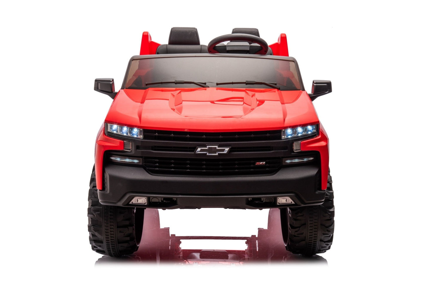 Red Chevrolet ride-on pickup truck for kids with open doors

Front view of Chevrolet kids ride-on with LED lights

Side view of red 24V Chevrolet electric truck toy

Remote-controlled kids electric pickup truck in red

Ride-on truck with Bluetooth and leather seating for children