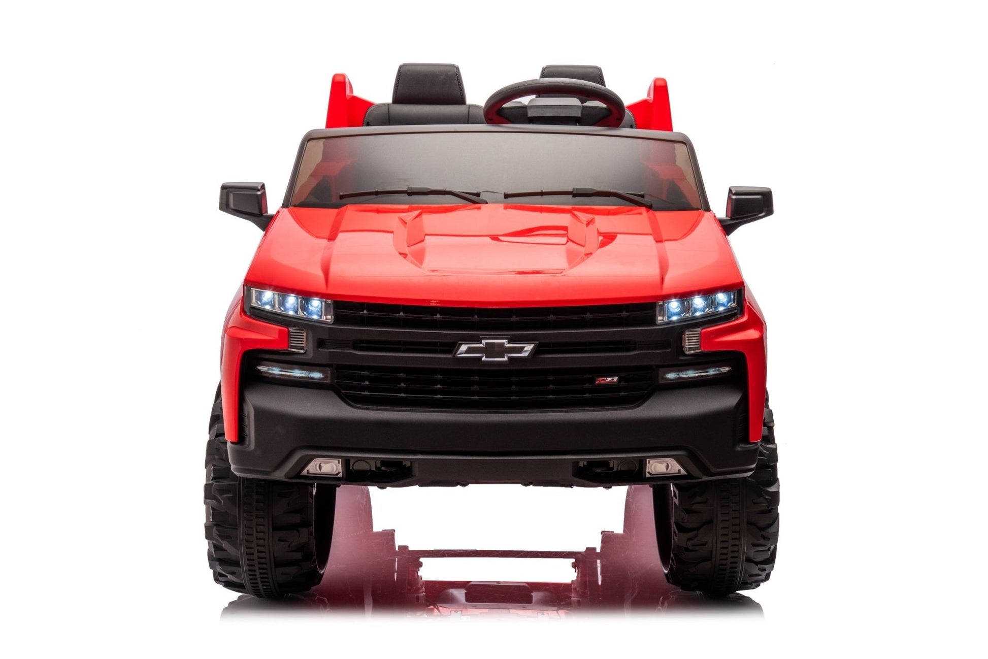 Red Chevrolet ride-on pickup truck for kids with open doors

Front view of Chevrolet kids ride-on with LED lights

Side view of red 24V Chevrolet electric truck toy

Remote-controlled kids electric pickup truck in red

Ride-on truck with Bluetooth and leather seating for children