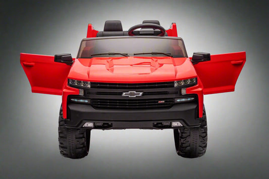 Red Chevrolet ride-on pickup truck for kids with open doors

Front view of Chevrolet kids ride-on with LED lights

Side view of red 24V Chevrolet electric truck toy

Remote-controlled kids electric pickup truck in red

Ride-on truck with Bluetooth and leather seating for children