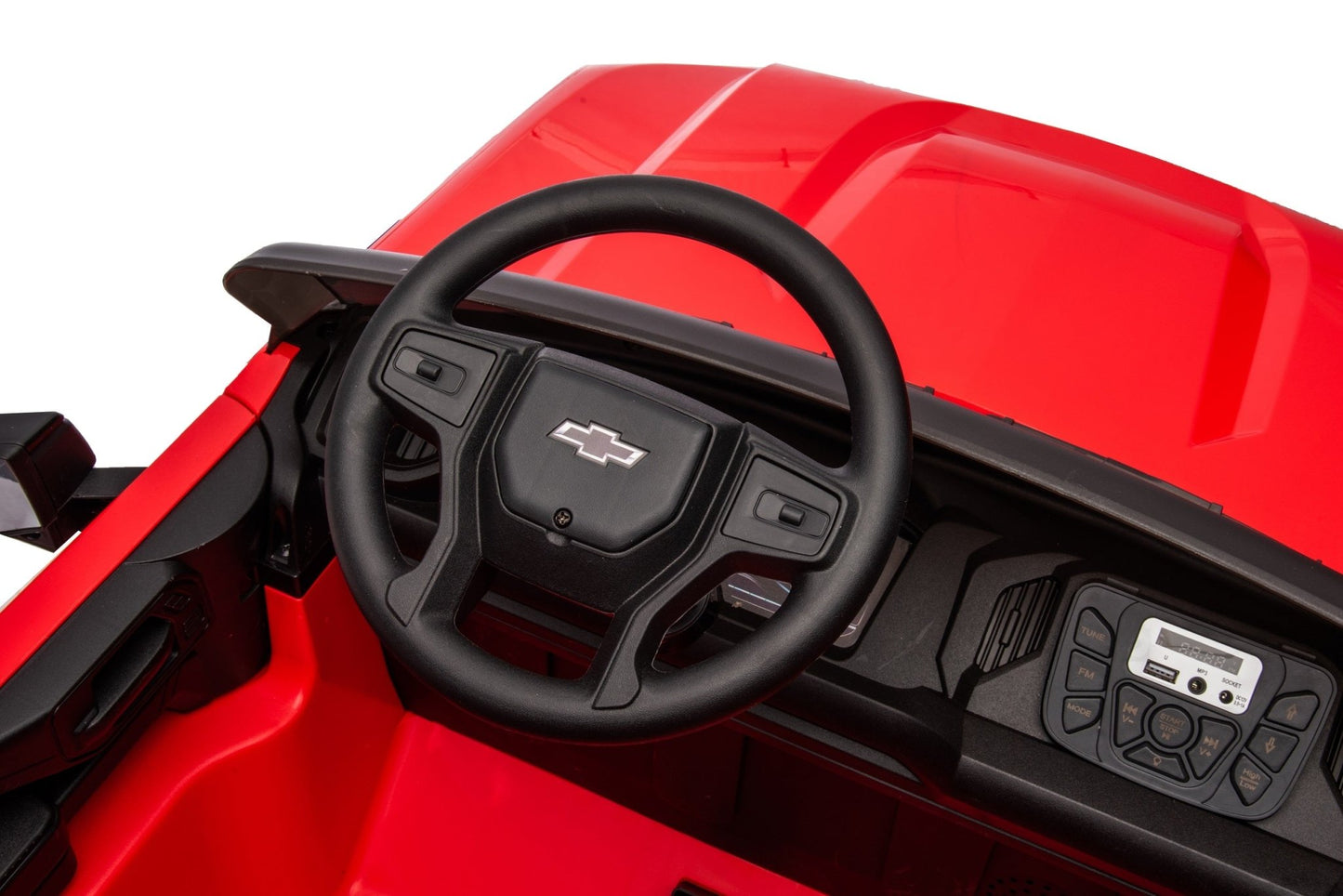 Red Chevrolet ride-on pickup truck for kids with open doors

Front view of Chevrolet kids ride-on with LED lights

Side view of red 24V Chevrolet electric truck toy

Remote-controlled kids electric pickup truck in red

Ride-on truck with Bluetooth and leather seating for children