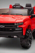 Red Chevrolet ride-on pickup truck for kids with open doors

Front view of Chevrolet kids ride-on with LED lights

Side view of red 24V Chevrolet electric truck toy

Remote-controlled kids electric pickup truck in red

Ride-on truck with Bluetooth and leather seating for children