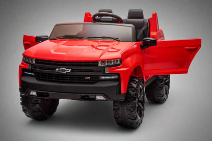 Red Chevrolet ride-on pickup truck for kids with open doors

Front view of Chevrolet kids ride-on with LED lights

Side view of red 24V Chevrolet electric truck toy

Remote-controlled kids electric pickup truck in red

Ride-on truck with Bluetooth and leather seating for children