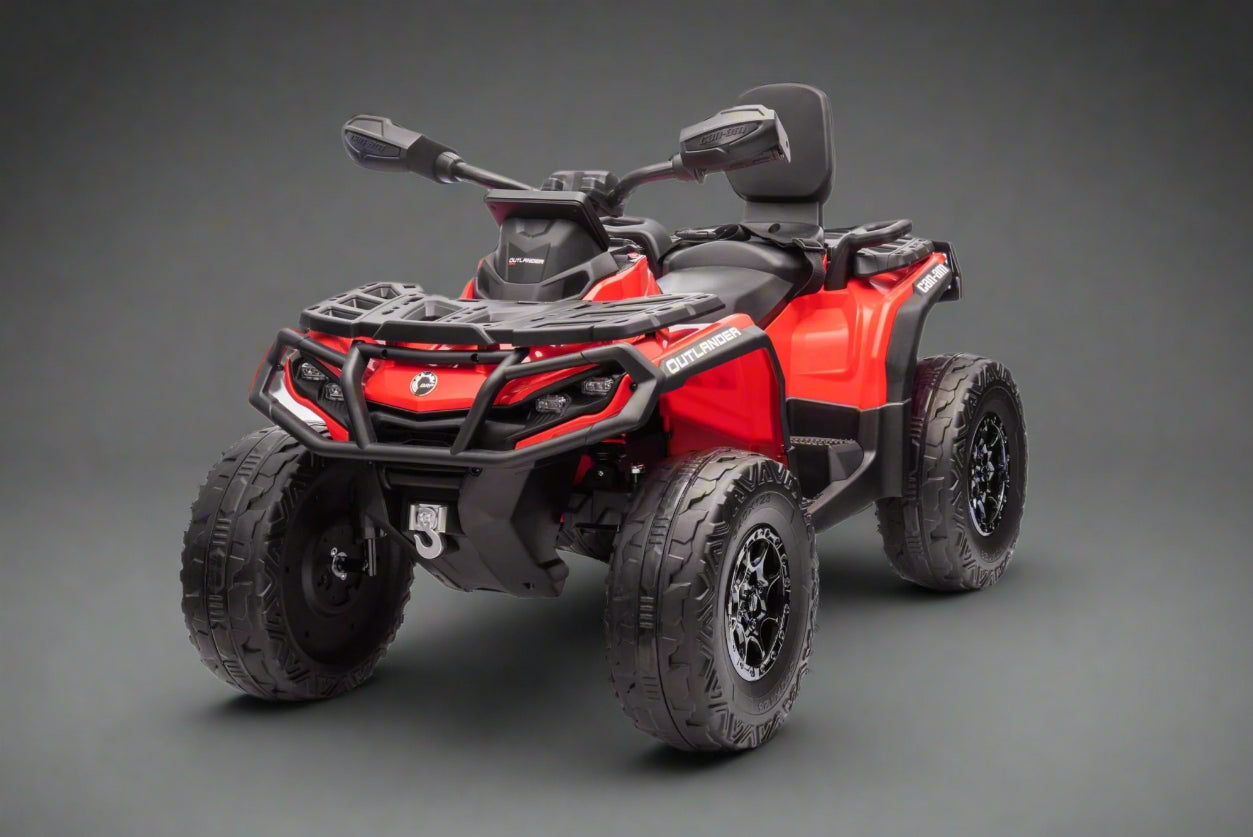 Black Can-Am kids ride-on ATV with LED lights

Side view of Can-Am 24V ATV toy with two seats

Front view of Can-Am Outlander kids ride-on ATV

Kids electric ATV with rugged tires and suspension

Dual-seat ride-on ATV for kids with Bluetooth and LED

