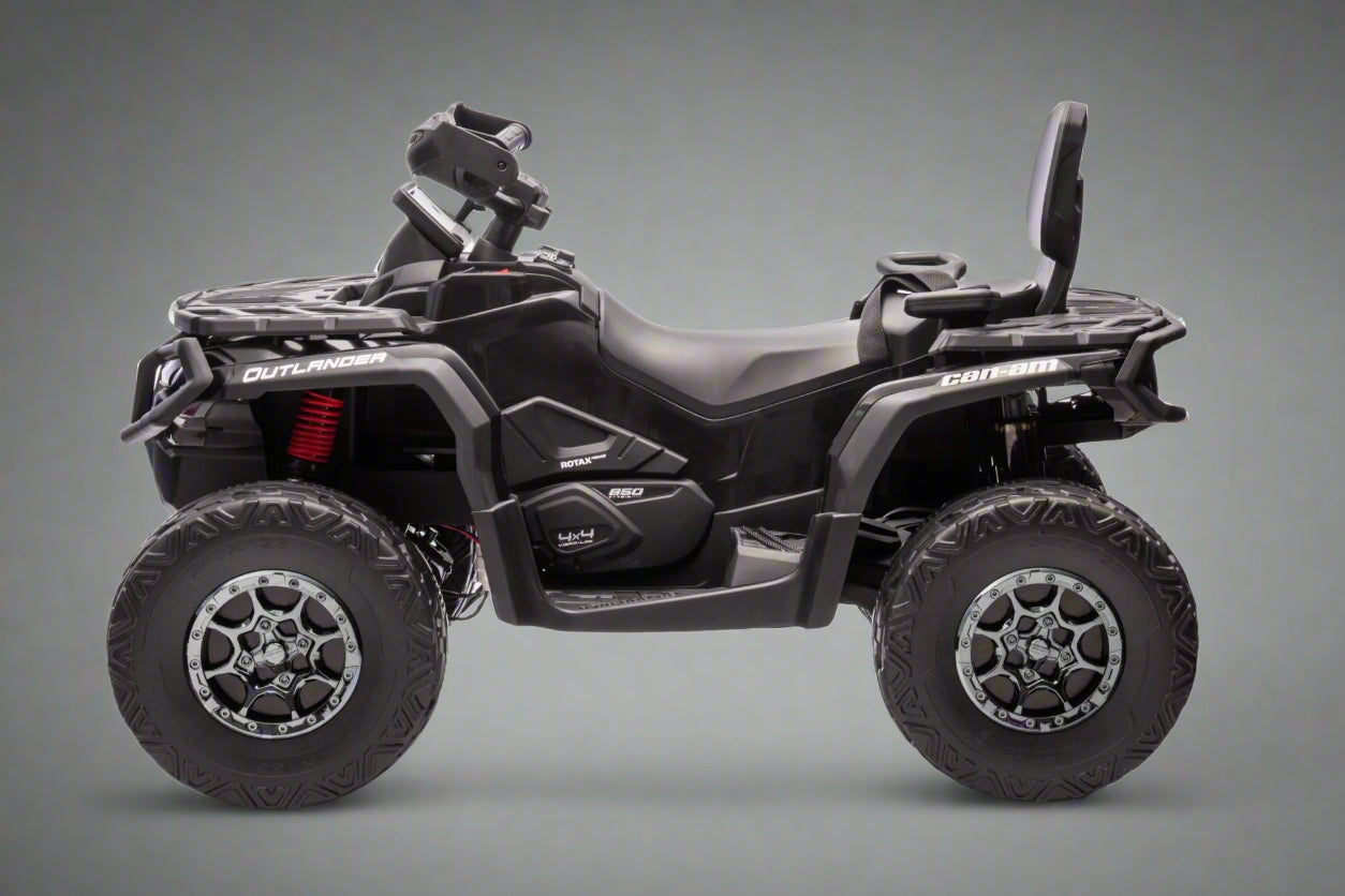 Black Can-Am kids ride-on ATV with LED lights

Side view of Can-Am 24V ATV toy with two seats

Front view of Can-Am Outlander kids ride-on ATV

Kids electric ATV with rugged tires and suspension

Dual-seat ride-on ATV for kids with Bluetooth and LED

