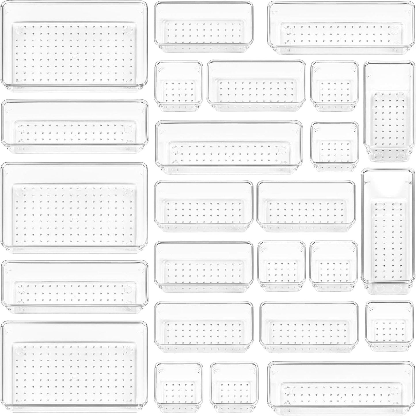 25-Piece Clear Drawer Organizer Set for Makeup, Office, and Kitchen Storage
