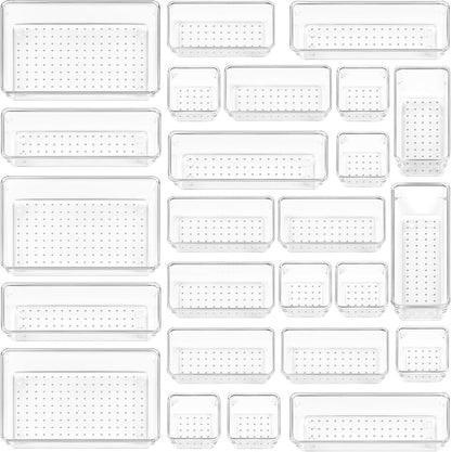25-Piece Clear Drawer Organizer Set for Makeup, Office, and Kitchen Storage
