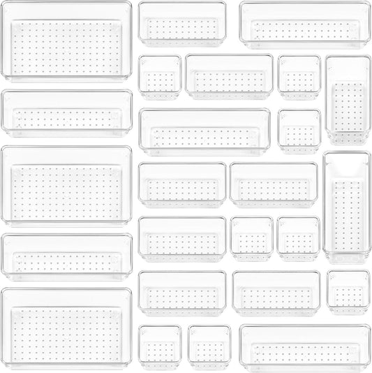 25-Piece Clear Drawer Organizer Set for Makeup, Office, and Kitchen Storage