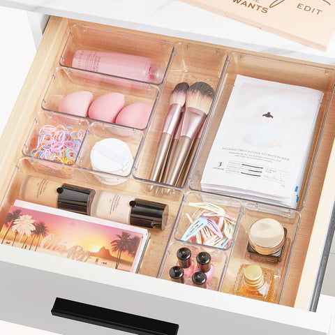 Multi-Size Clear Storage Trays for Makeup, Tools, and Office Supplies