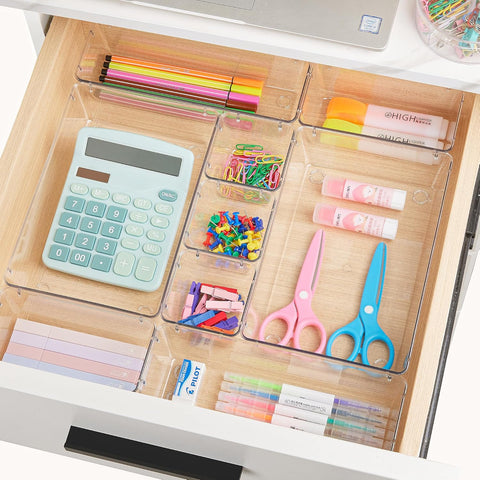 Multi-Size Clear Storage Trays for Makeup, Tools, and Office Supplies