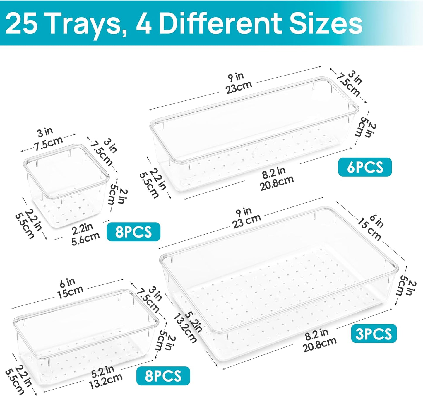 Size Chart of Plastic Vanity Storage Bins with 25 Clear Pieces