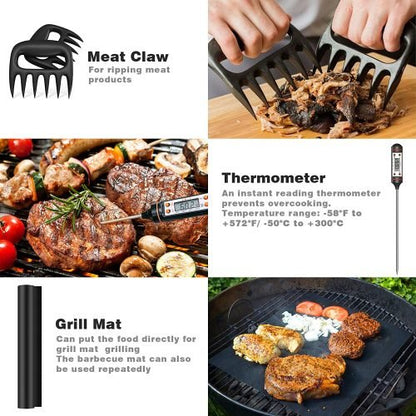 “Complete 25-piece BBQ tool set in stainless steel with case”
• “Outdoor grill tools set with spatula, tongs, fork, and accessories”
• “Camping BBQ kit tools for outdoor grilling”