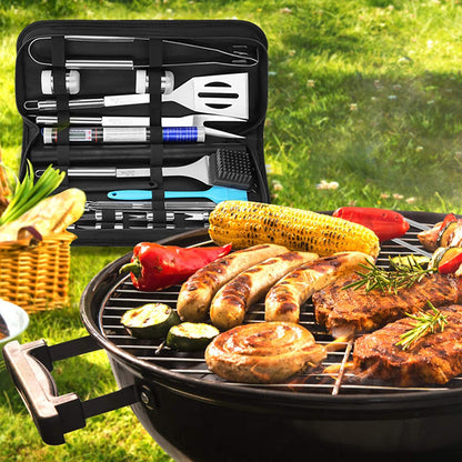 “Complete 25-piece BBQ tool set in stainless steel with case”
• “Outdoor grill tools set with spatula, tongs, fork, and accessories”
• “Camping BBQ kit tools for outdoor grilling”
