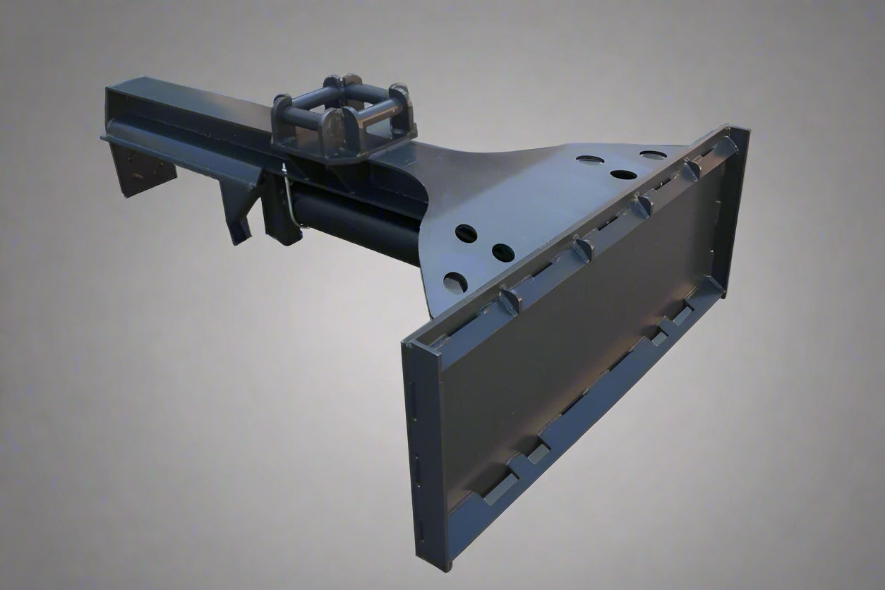 Side view of inverted skid steer log splitter

Front hydraulic wood splitter mounted on skid steer

Splitting log demonstration

Log splitter with couplers and quick attach plate

Hydraulic ram close-up