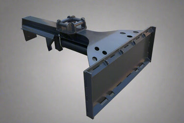 Side view of inverted skid steer log splitter

Front hydraulic wood splitter mounted on skid steer

Splitting log demonstration

Log splitter with couplers and quick attach plate

Hydraulic ram close-up