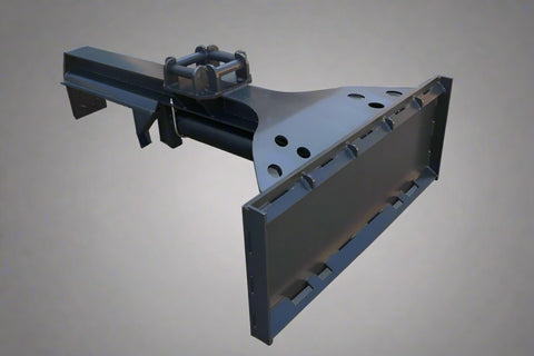 Side view of inverted skid steer log splitter

Front hydraulic wood splitter mounted on skid steer

Splitting log demonstration

Log splitter with couplers and quick attach plate

Hydraulic ram close-up