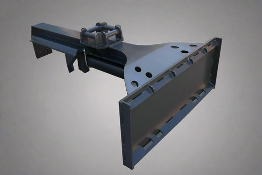 Side view of inverted skid steer log splitter

Front hydraulic wood splitter mounted on skid steer

Splitting log demonstration

Log splitter with couplers and quick attach plate

Hydraulic ram close-up