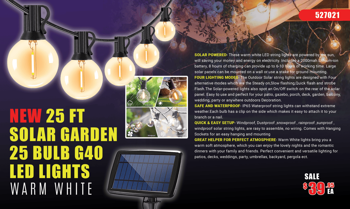 New 25FT Solar G40 LED String Lights – 25 Warm White Bulbs for Outdoor Garden, Patio, Backyard 527021 - with | Sold by Uncle Wiener's Wholesale