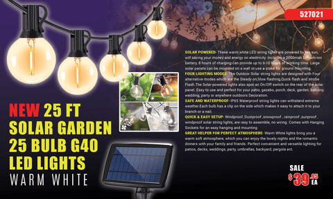New 25FT Solar G40 LED String Lights – 25 Warm White Bulbs for Outdoor Garden, Patio, Backyard 527021 - with | Sold by Uncle Wiener's Wholesale