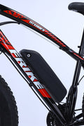 26 inch electric fat tire e-bike with 500W motor and disc brakes
Side view of black all-terrain e-bike with oversized tires
Removable 48V lithium battery on mountain fat tire e-bike
Close-up of rear hub motor and gear system on electric bike
Electric trail bike designed for snow, sand, and rugged terrain
Urban and off-road ready fat tire e-bike with aluminum frame