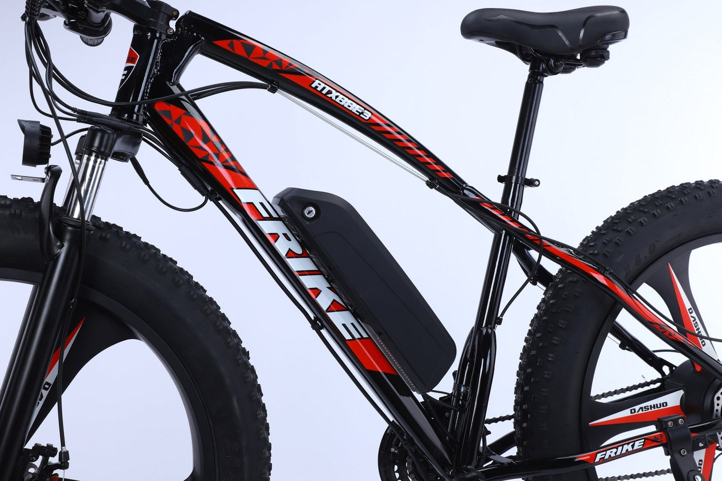 26 inch electric fat tire e-bike with 500W motor and disc brakes
Side view of black all-terrain e-bike with oversized tires
Removable 48V lithium battery on mountain fat tire e-bike
Close-up of rear hub motor and gear system on electric bike
Electric trail bike designed for snow, sand, and rugged terrain
Urban and off-road ready fat tire e-bike with aluminum frame