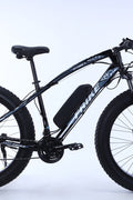 26 inch electric fat tire e-bike with 500W motor and disc brakes
Side view of black all-terrain e-bike with oversized tires
Removable 48V lithium battery on mountain fat tire e-bike
Close-up of rear hub motor and gear system on electric bike
Electric trail bike designed for snow, sand, and rugged terrain
Urban and off-road ready fat tire e-bike with aluminum frame