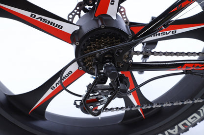 26 inch electric fat tire e-bike with 500W motor and disc brakes
Side view of black all-terrain e-bike with oversized tires
Removable 48V lithium battery on mountain fat tire e-bike
Close-up of rear hub motor and gear system on electric bike
Electric trail bike designed for snow, sand, and rugged terrain
Urban and off-road ready fat tire e-bike with aluminum frame