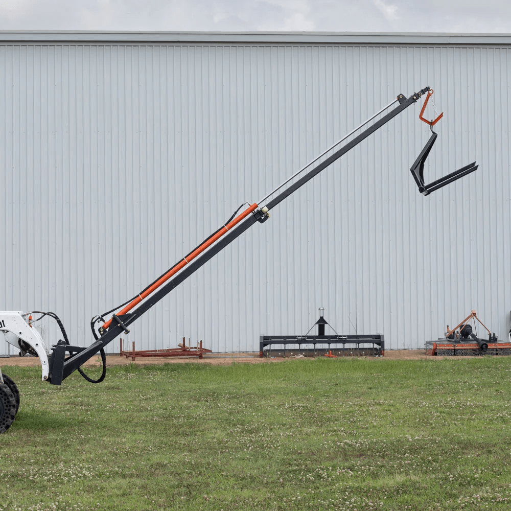 26 FT Telescoping Hydraulic Truss Boom for Skid Steer
Skid Steer Crane Arm Lifting Beam
Truss Boom Fully Extended
Close-up of Hydraulic Truss Boom Cylinders
Heavy-Duty Skid Steer Boom with Safety Valve System