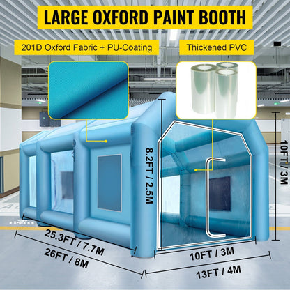 Inflatable car paint spray booth 26x13x10 ft exterior view
Interior view of inflatable paint booth with partition wall
Blue portable spray booth with two blowers and windows
Dust-free mobile painting tent setup for automotive use
Folded and inflated stages of an inflatable paint booth