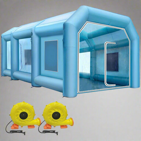Inflatable car paint spray booth 26x13x10 ft exterior view
Interior view of inflatable paint booth with partition wall
Blue portable spray booth with two blowers and windows
Dust-free mobile painting tent setup for automotive use
Folded and inflated stages of an inflatable paint booth