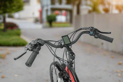 28 inch electric city cruiser bike – side view
350W rear hub motor close-up on e-bike
Lightweight aluminum e-bike with step-through frame
Display panel and handlebar view of electric bike
21-speed electric commuter bike on city road