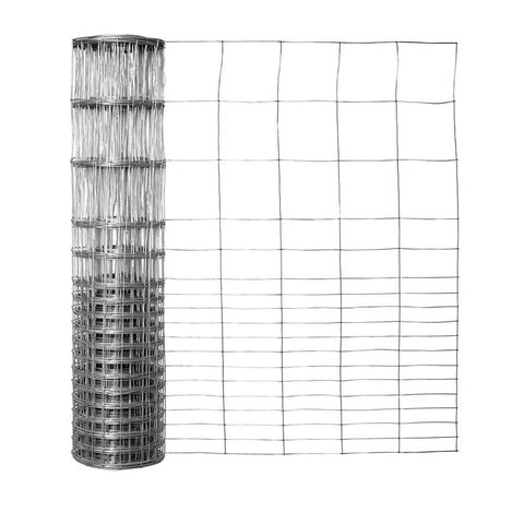 Full roll of galvanized steel rabbit fencing

Label showing G2850F model

Close-up of welded steel mesh pattern

