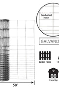 Full roll of galvanized steel rabbit fencing

Label showing G2850F model

Close-up of welded steel mesh pattern

