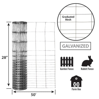 Full roll of galvanized steel rabbit fencing

Label showing G2850F model

Close-up of welded steel mesh pattern

